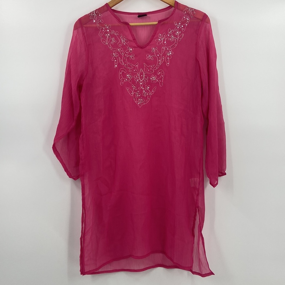 Hot pink sheer gauze tunic cover up silver tone sequins